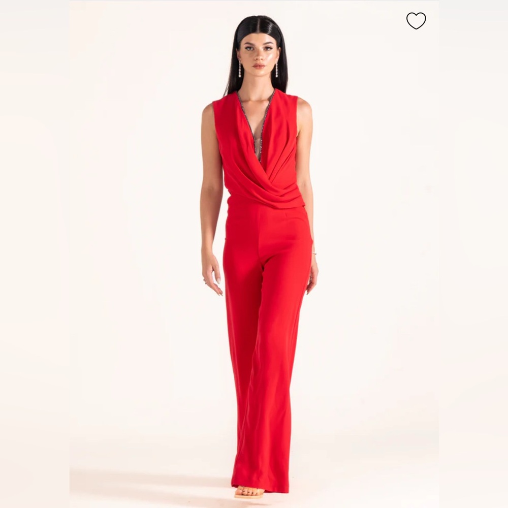 Sleeveless Draped V-Neck Red Jumpsuit